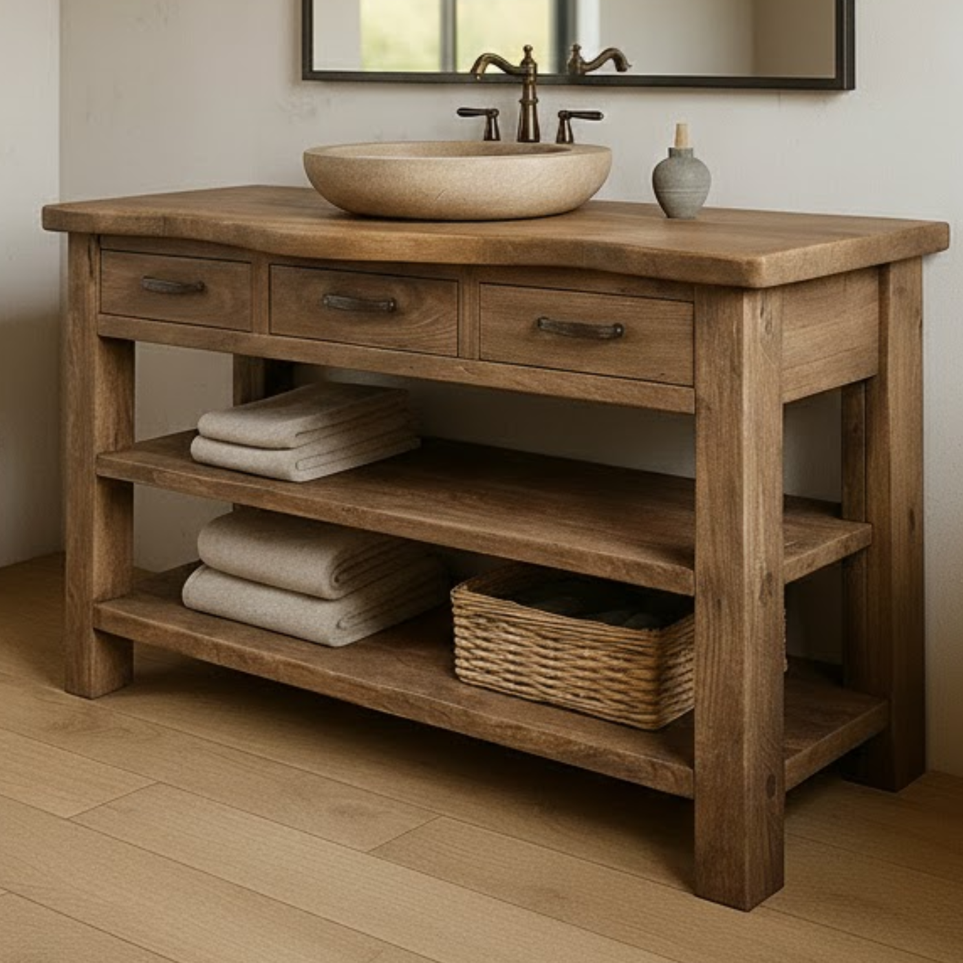 Handcrafted Solid Wood Bathroom Vanity with Curved Live-Edge Top and Triple Storage Drawers Kitchnce