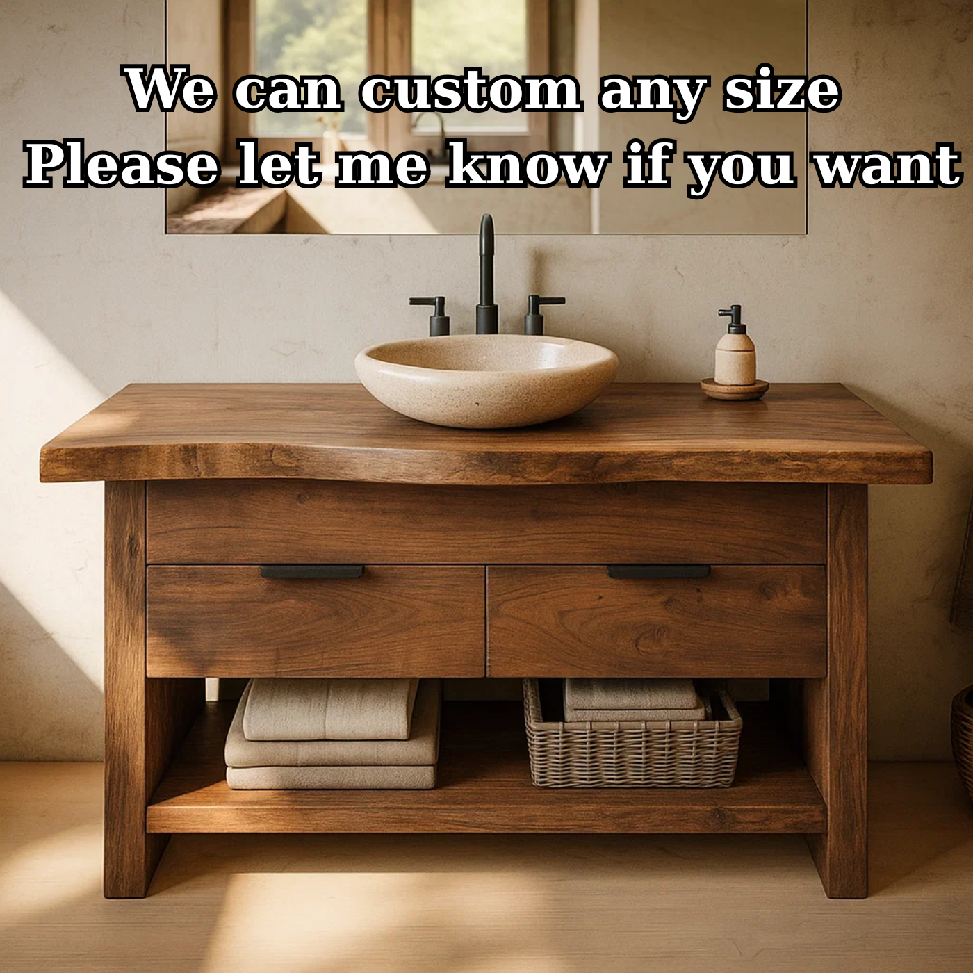 Handcrafted Solid Wood Bathroom Vanity with Live Edge Top and Open Storage Shelf Kitchnce