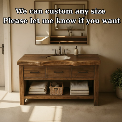 Handcrafted Solid Wood Bathroom Vanity with Live Edge Top, Triple Drawers & Open Storage Shelf Kitchnce