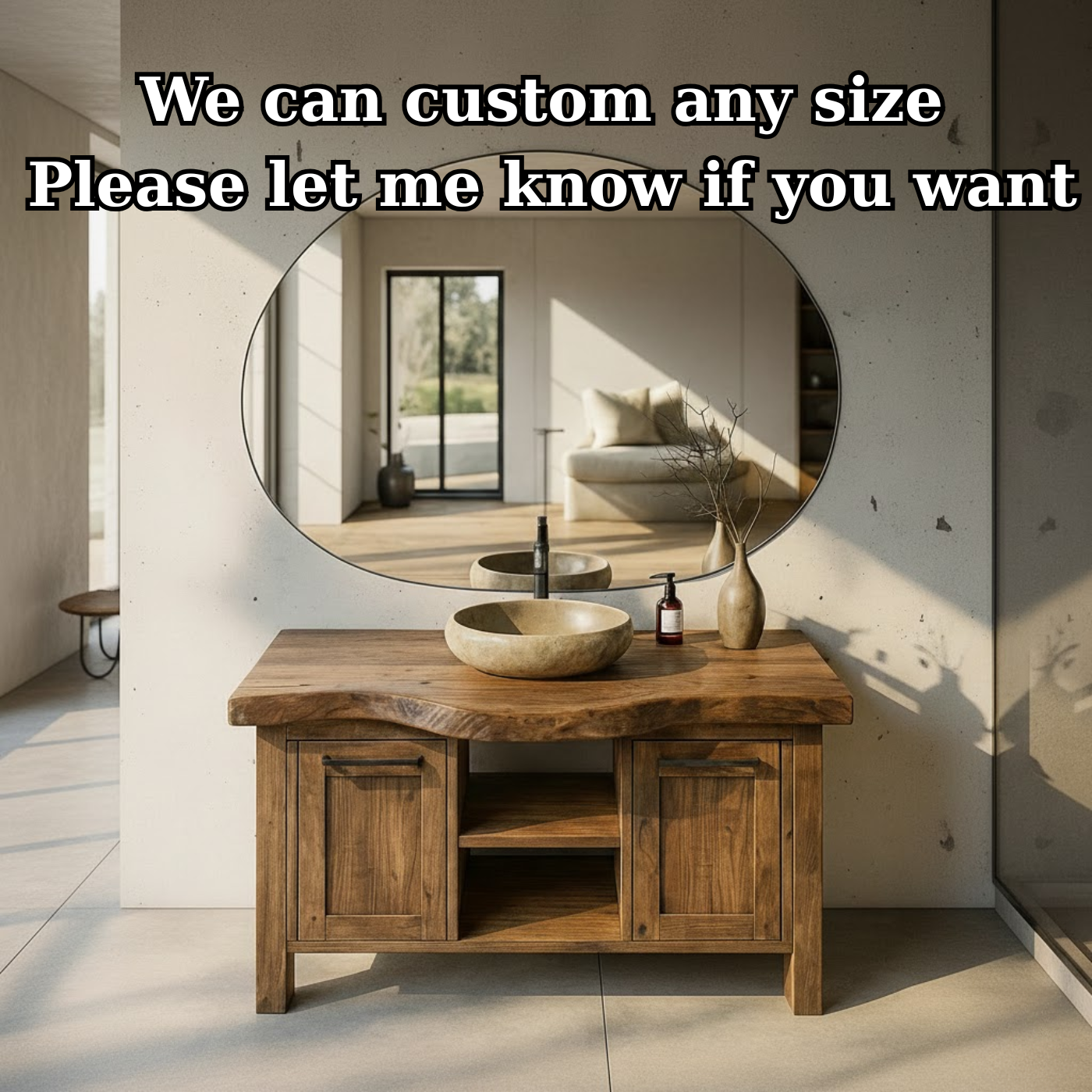 Handcrafted Solid Wood Bathroom Vanity with Live-Edge Top and Dual Side Cabinets Kitchnce