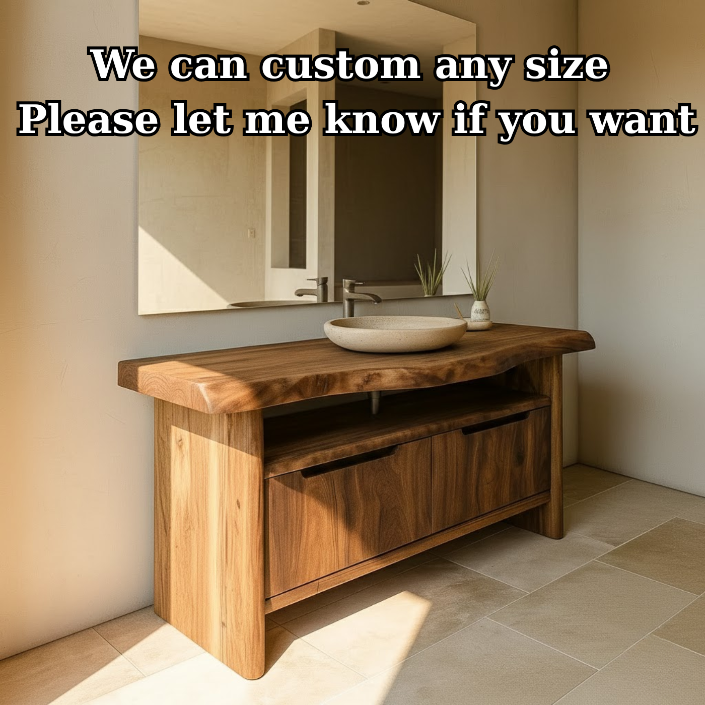 Handcrafted Solid Wood Bathroom Vanity with Live-Edge Walnut Top & Soft-Close Doors Kitchnce