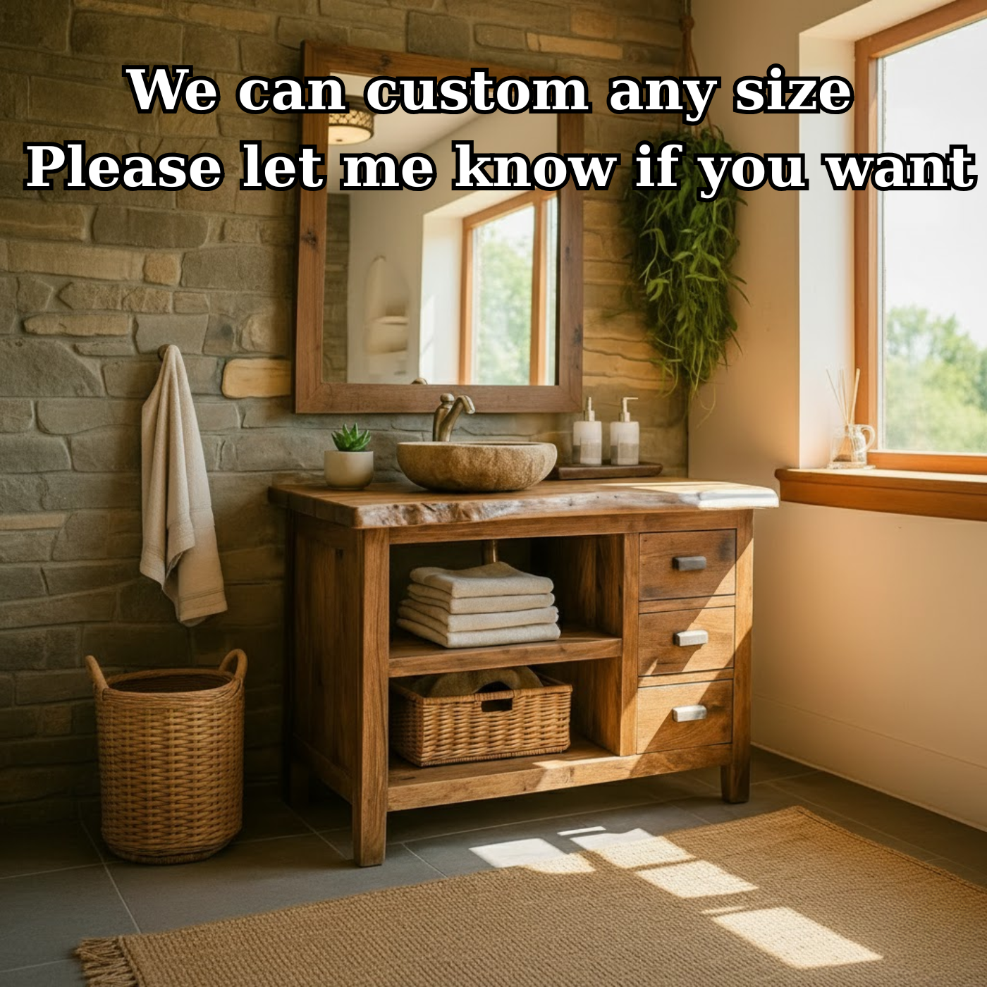 Handcrafted Solid Wood Bathroom Vanity with Live-Edge Top and Spacious Open Storage Kitchnce