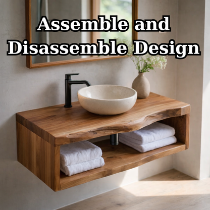 Live Edge Floating Bathroom Vanity, Solid Wood Wall Mounted Vanity Shelf with Storage Kitchnce