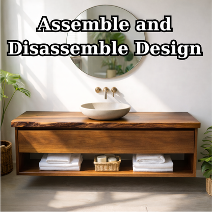 Floating Solid Wood Bathroom Vanity with Drawer and Open Shelf, Wall Mounted Wood Vanity Kitchnce