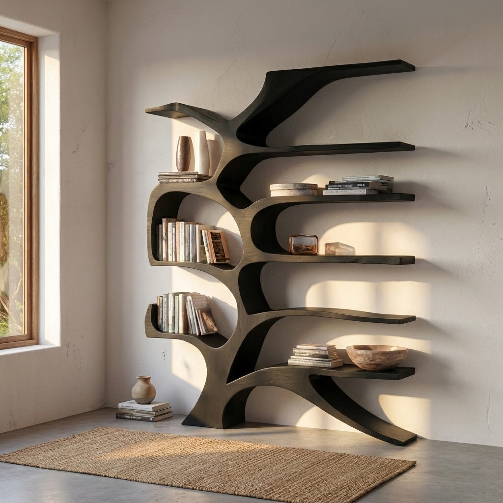 Contemporary Sculpted Wooden Bookshelf For Living Room Decor Kitchnce
