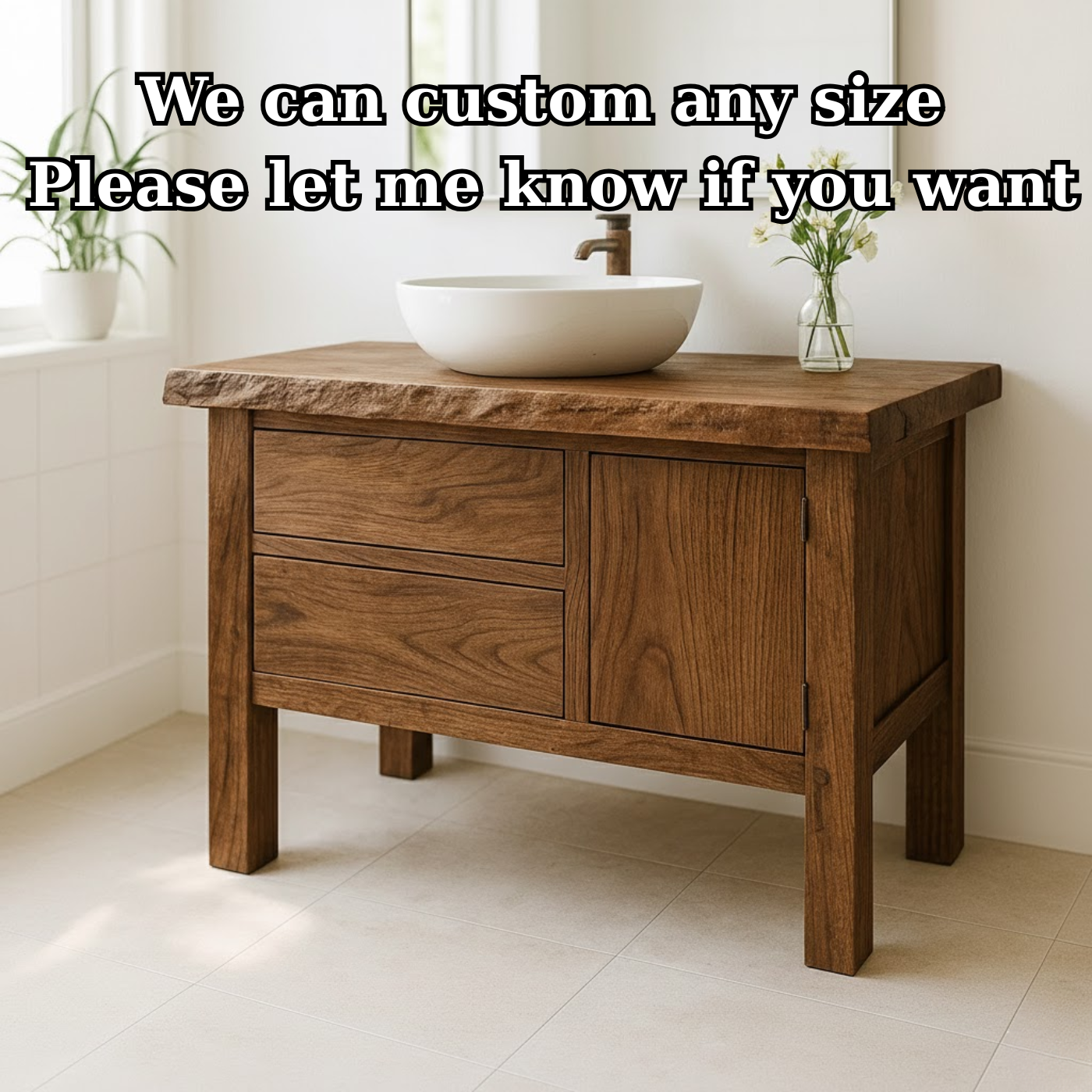 Handcrafted Solid Wood Bathroom Vanity - Live Edge Top, 2 Drawers & Single Door Cabinet Kitchnce