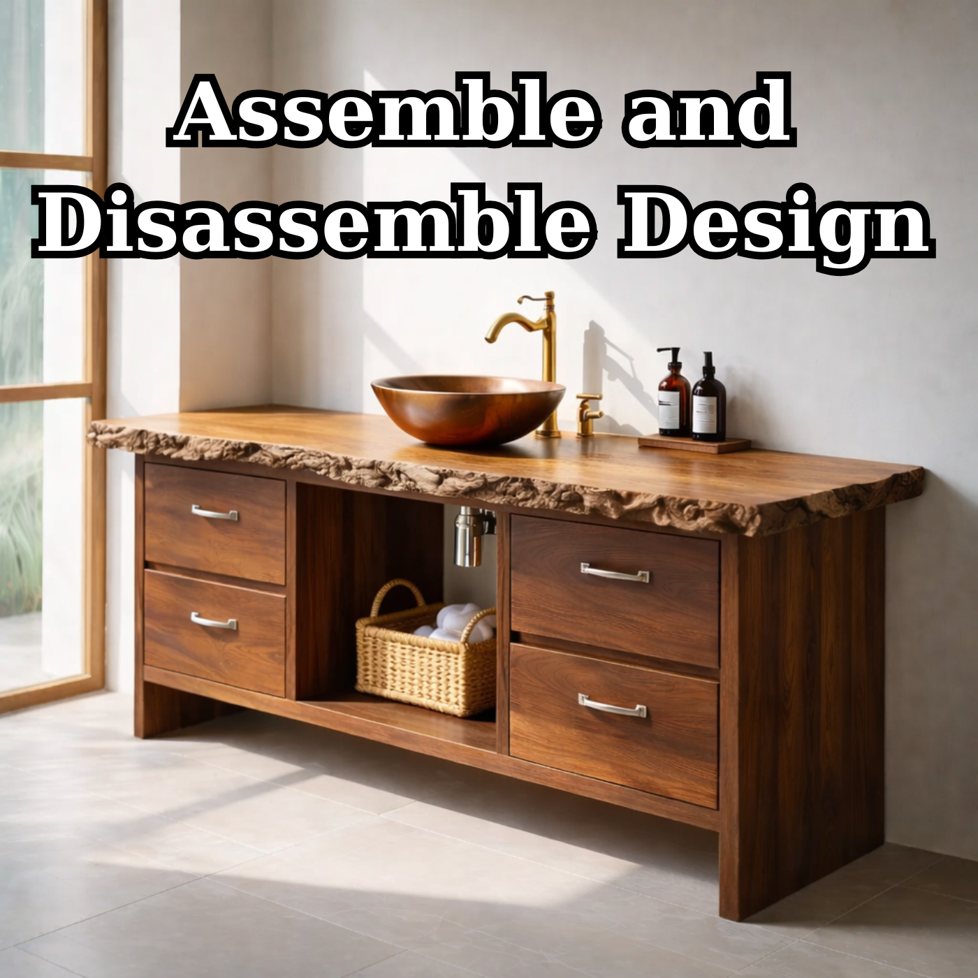 Rustic Solid Wood Bathroom Vanity with Live Edge Countertop Kitchnce