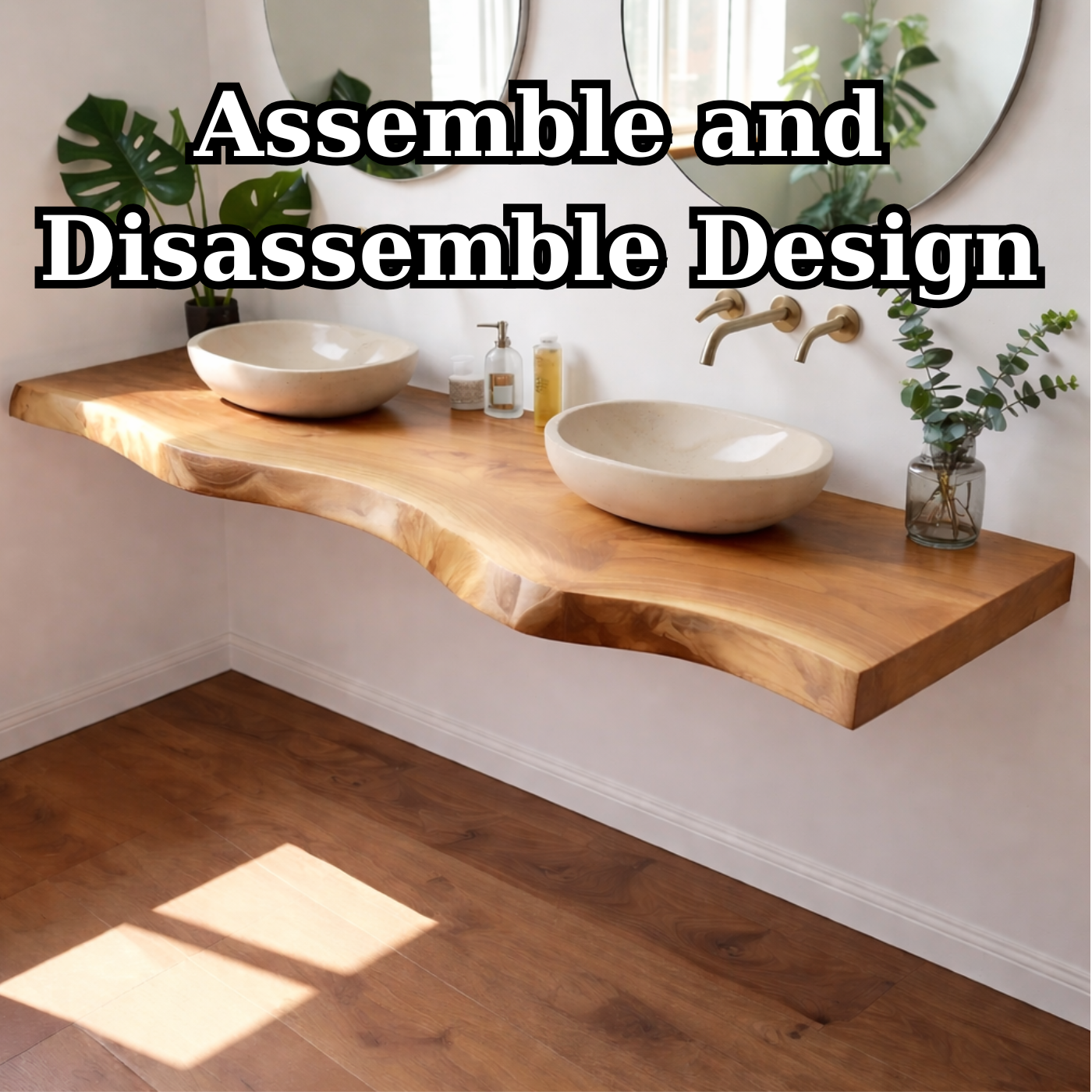 Floating Live Edge Solid Wood Double Sink Bathroom Vanity Top – Rustic Wall Mounted Wood Countertop Kitchnce