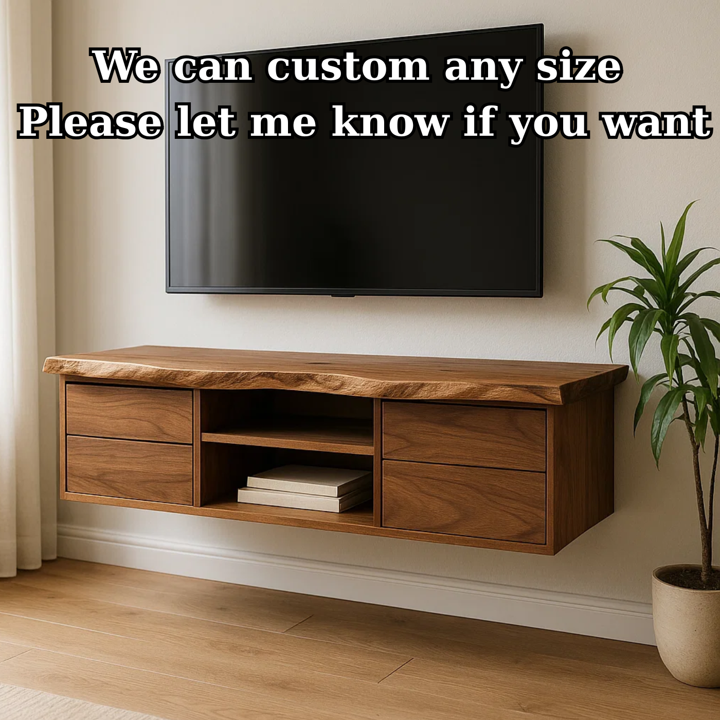 Handcrafted Solid Wood Floating TV - Live Edge Walnut, 4 Drawers & Open Shelf Kitchnce