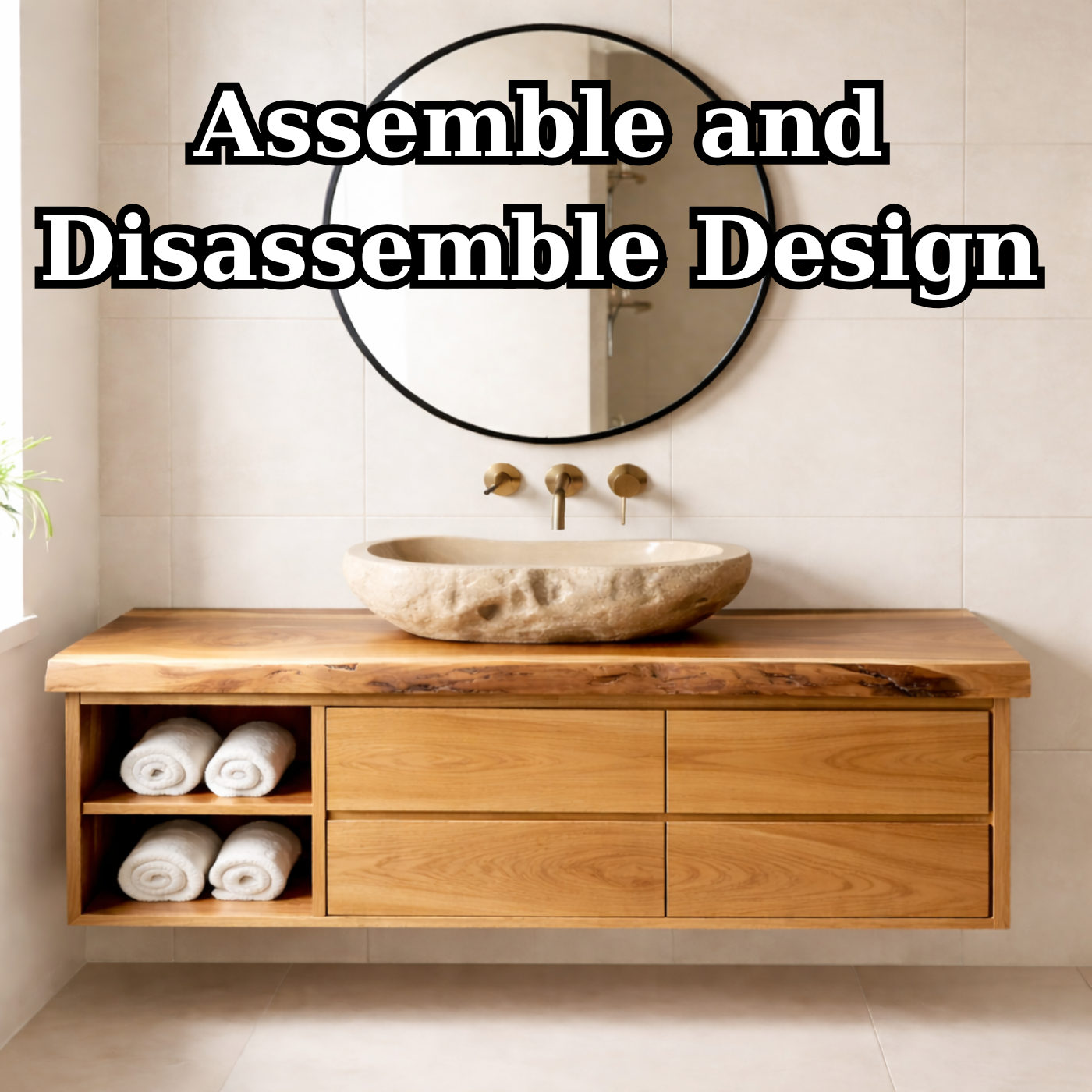 Floating Solid Wood Bathroom Vanity with Live Edge Countertop, Drawers and Open Storage Kitchnce