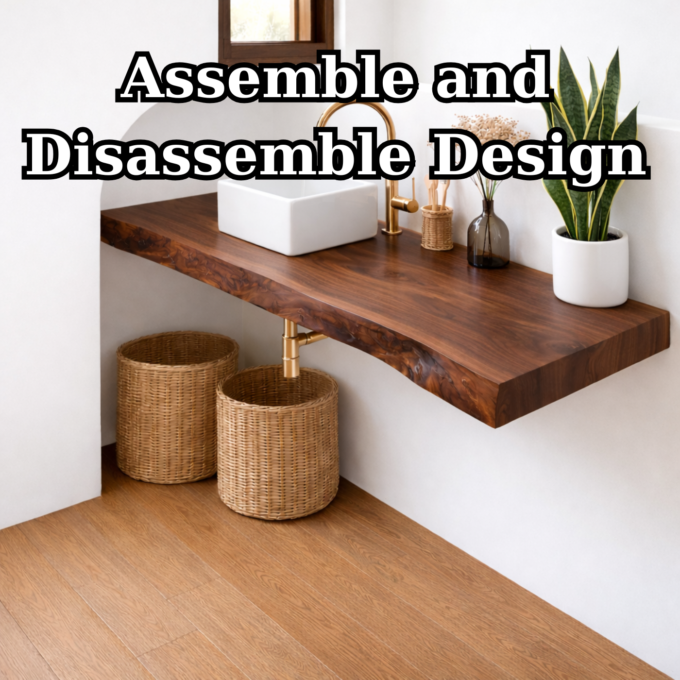 Floating Solid Wood Bathroom Vanity with Live Edge Top and Vessel Sink – Wall Mounted Vanity