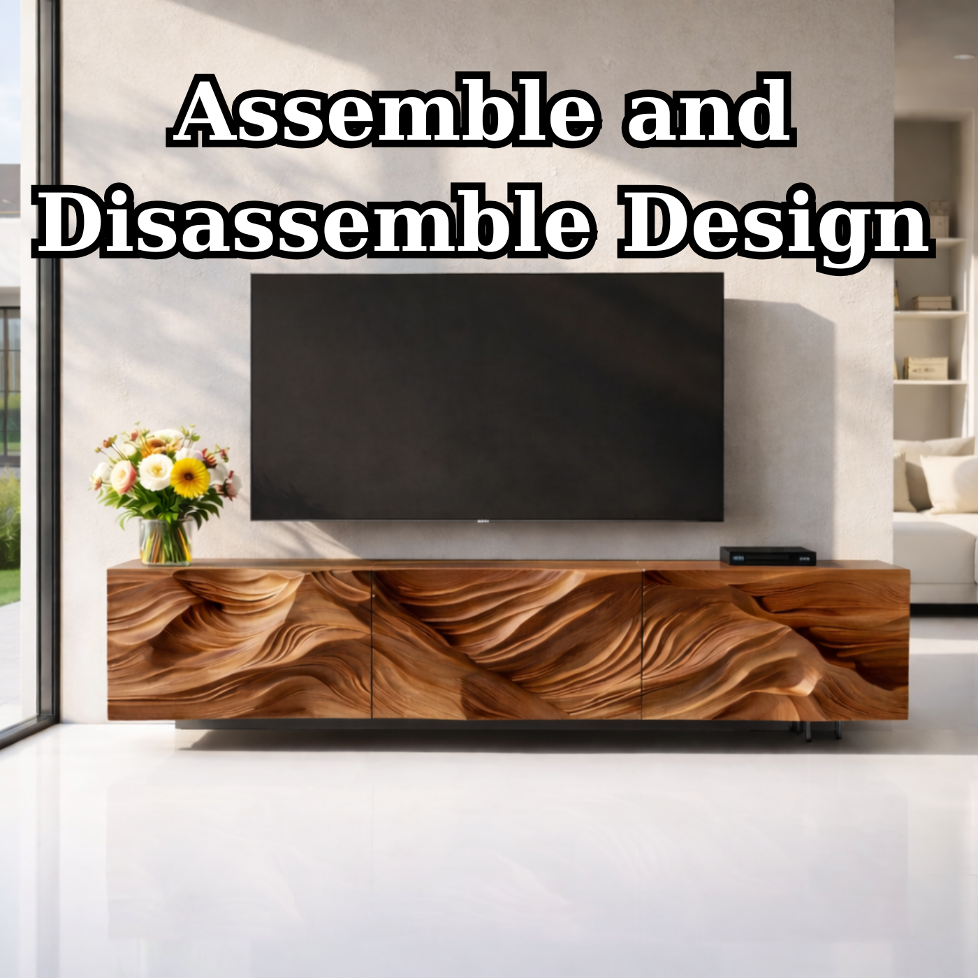 Modern Solid Wood TV Stand with Artistic Carved Front – Walnut Media Console Cabinet Kitchnce