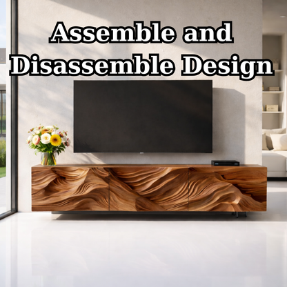 Modern Solid Wood TV Stand with Artistic Carved Front – Walnut Media Console Cabinet Kitchnce