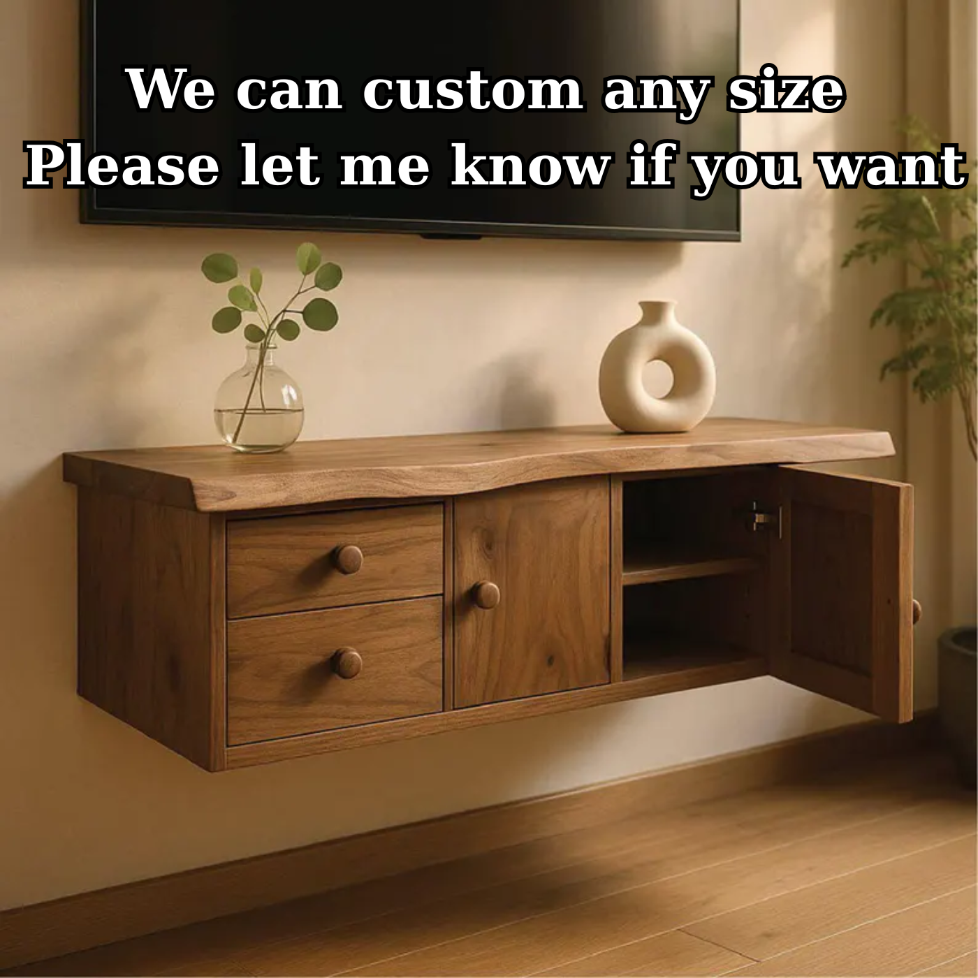 Handcrafted Solid Wood Floating TV Stand, Live Edge Media Console with Cabinet & Drawers Kitchnce