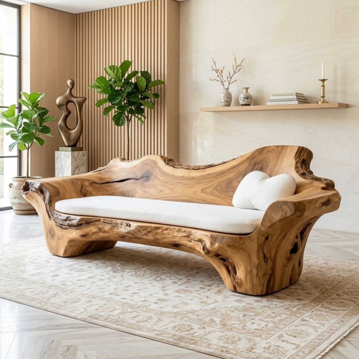 Modern Organic Sculptural Wooden Sofa, Handmade Statement Couch with Cream Cushion