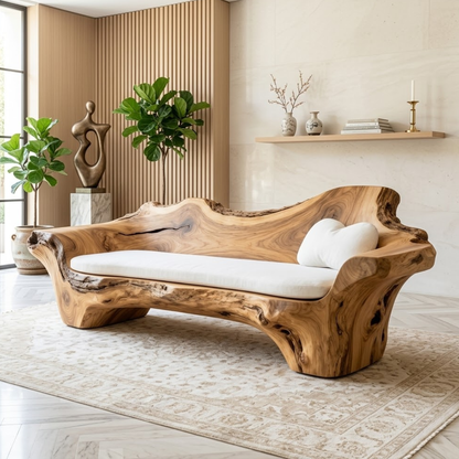 Modern Organic Sculptural Wooden Sofa, Handmade Statement Couch with Cream Cushion