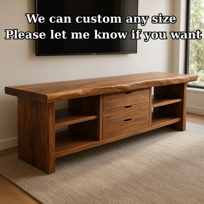 Handcrafted Solid Wood TV Stand - Live Edge Walnut, 3 Drawers & Open Shelves Kitchnce
