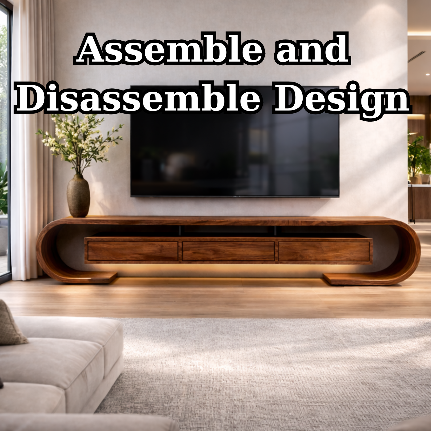 Modern Curved Solid Wood TV Stand – Walnut Floating Media Console with Drawers Kitchnce