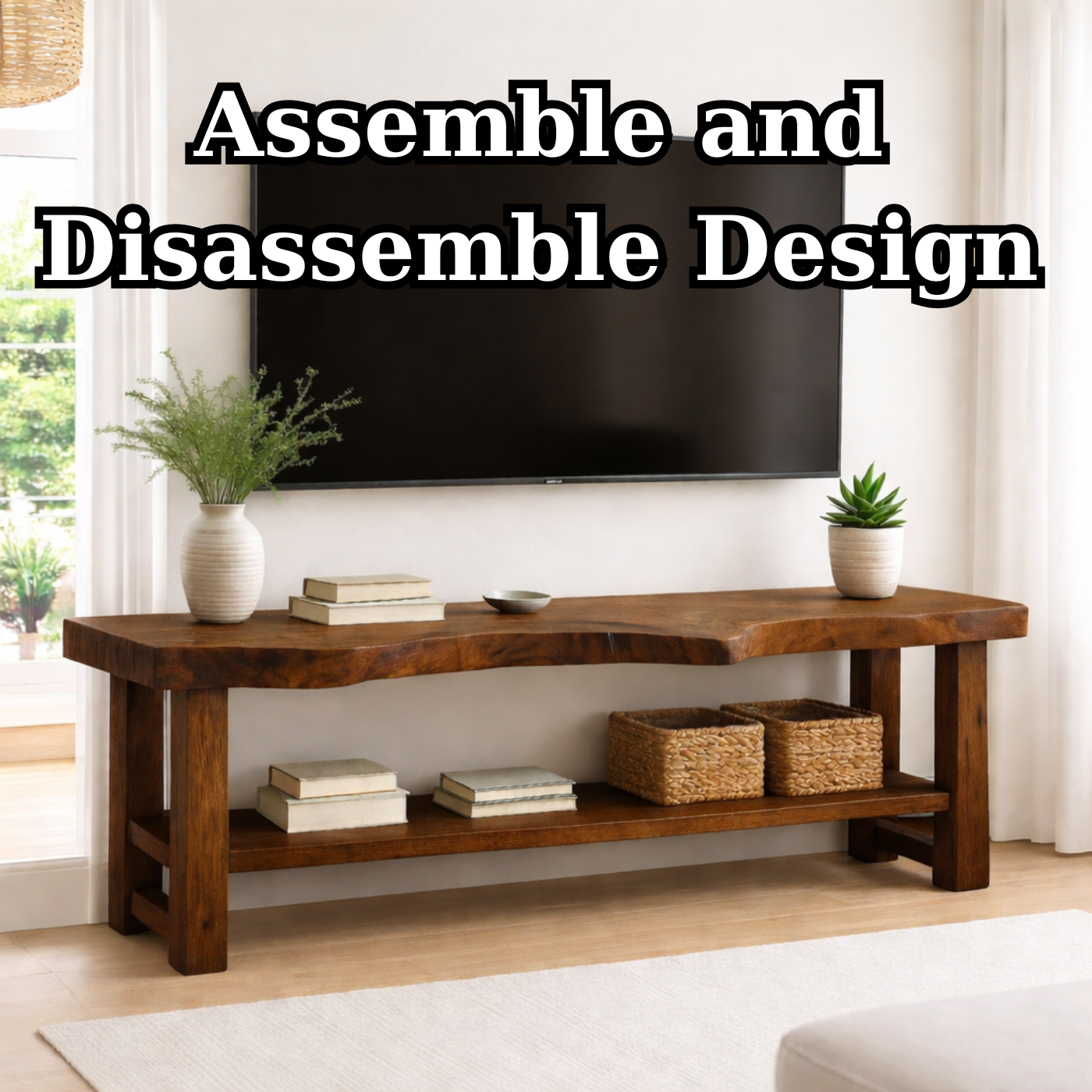 Live Edge Solid Wood TV Stand with Shelf – Rustic Walnut Media Console Table Kitchnce