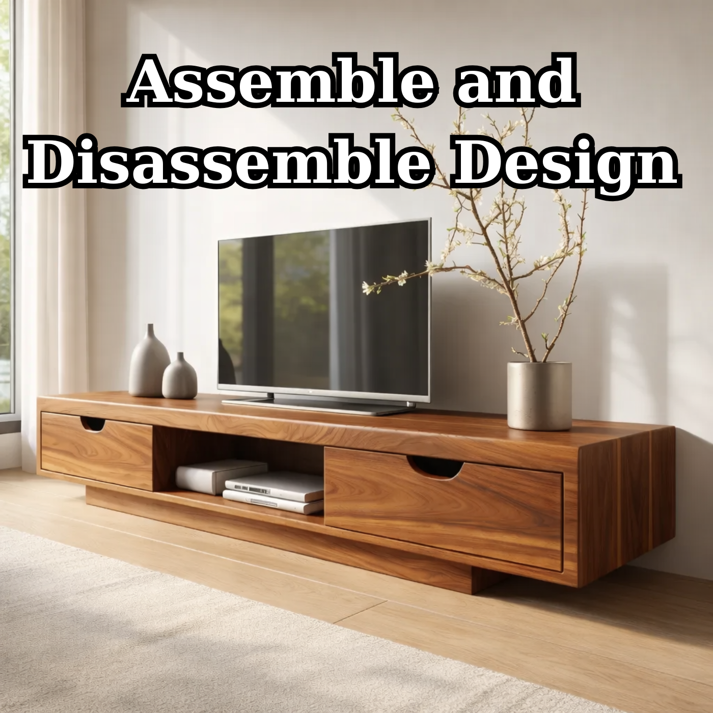 Walnut Wood TV Stand with Drawers – Modern Solid Wood Media Console Cabinet Kitchnce