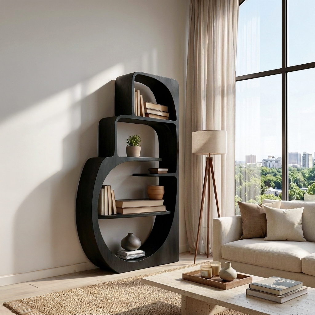 Organic Wood Bookshelf With Multiple Storage Levels For Living Room Kitchnce