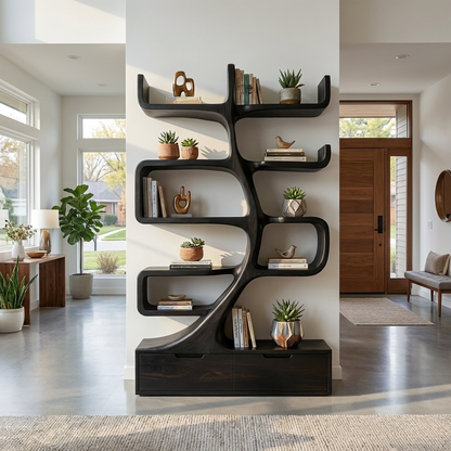 Wooden Bookcase With Tiers And Built-in Drawers For Home Kitchnce