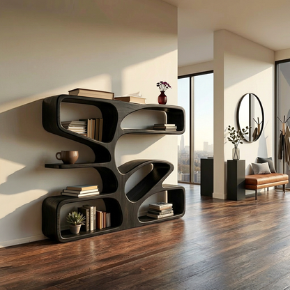 Statement Wooden Bookshelf With Sculpture Form For Home Kitchnce
