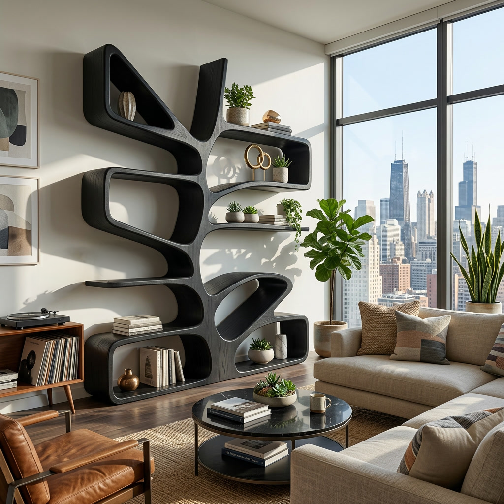 Organic Wooden Bookcase With Sculptural Form For Living Space Kitchnce