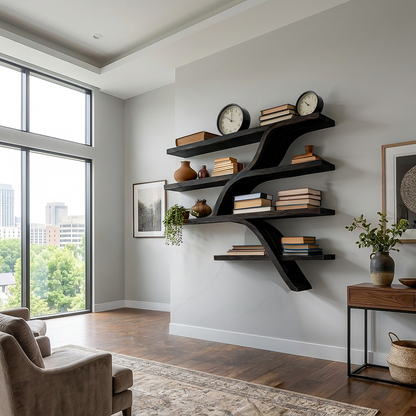 Handcrafted Wooden Wall Bookshelf With Organic Shape For Home Kitchnce