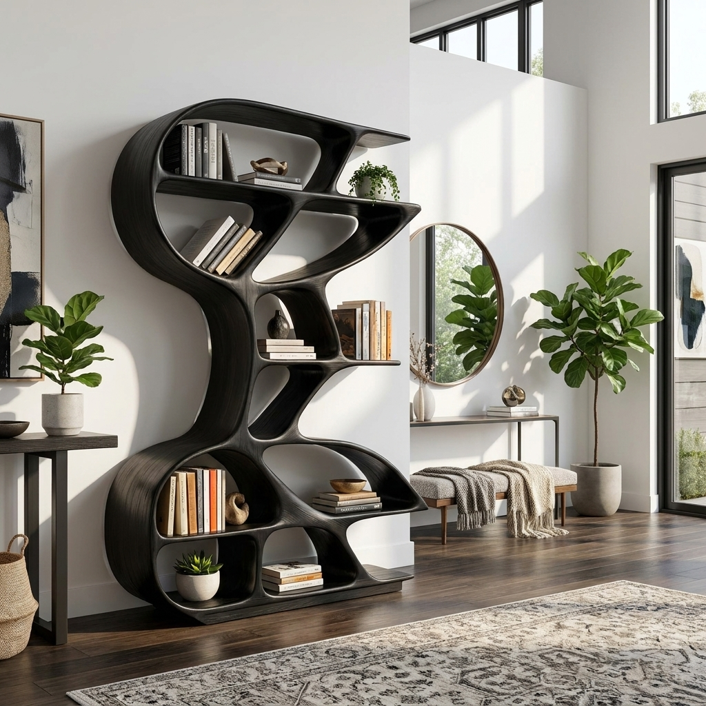 Wooden Bookshelf Unique Sculptural Design For Modern Living Room Kitchnce