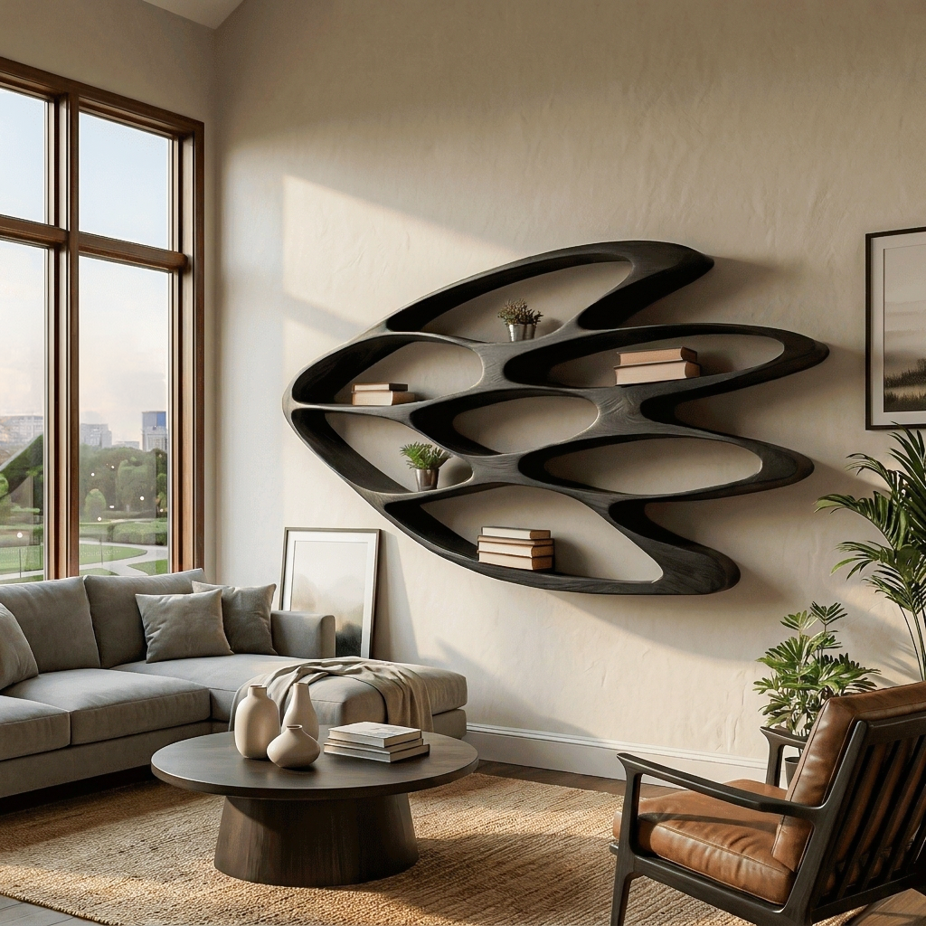 Wooden Wall Bookshelf With Unique Shape For Living Room Wall Kitchnce