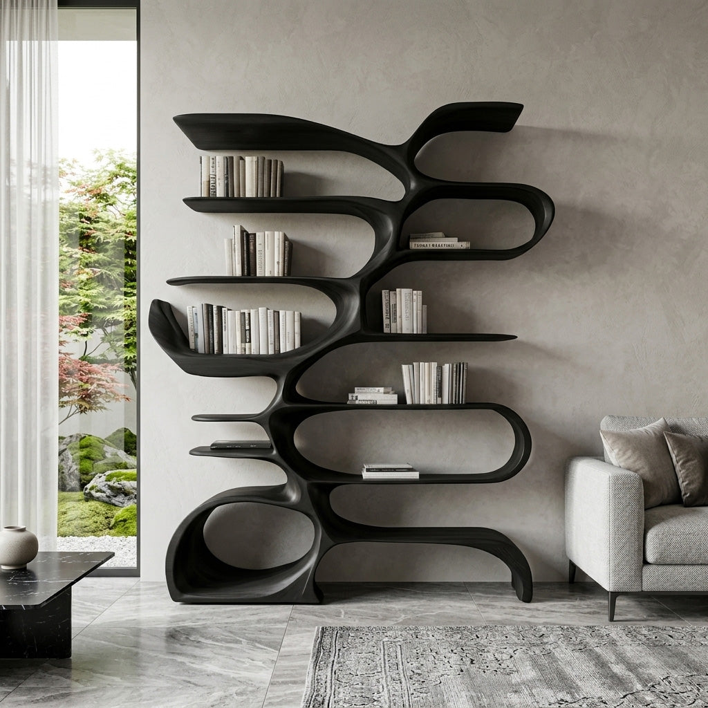 Sculptural Wooden Bookcase For Modern Living Room Storage Kitchnce