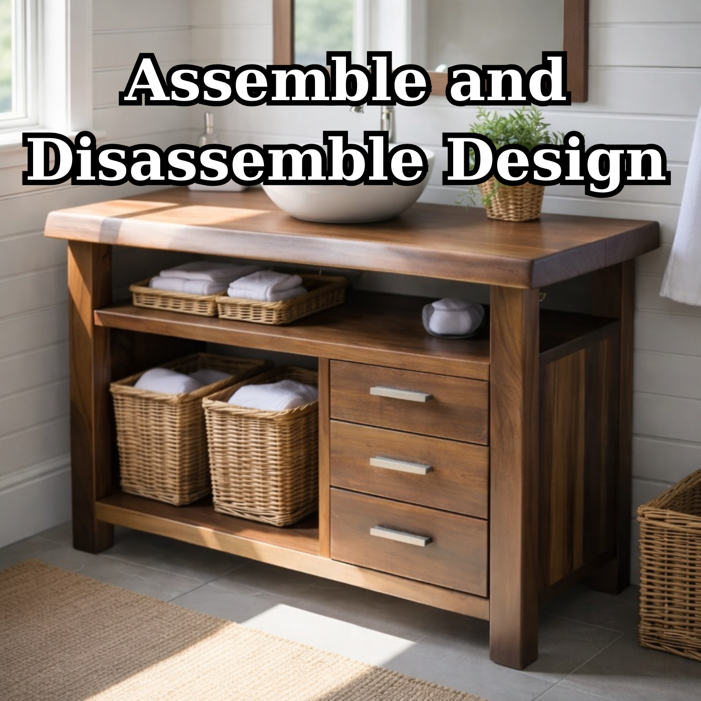 Handcraft Solid Wood Bathroom Vanity with Drawers and Open Shelf Storage Kitchnce