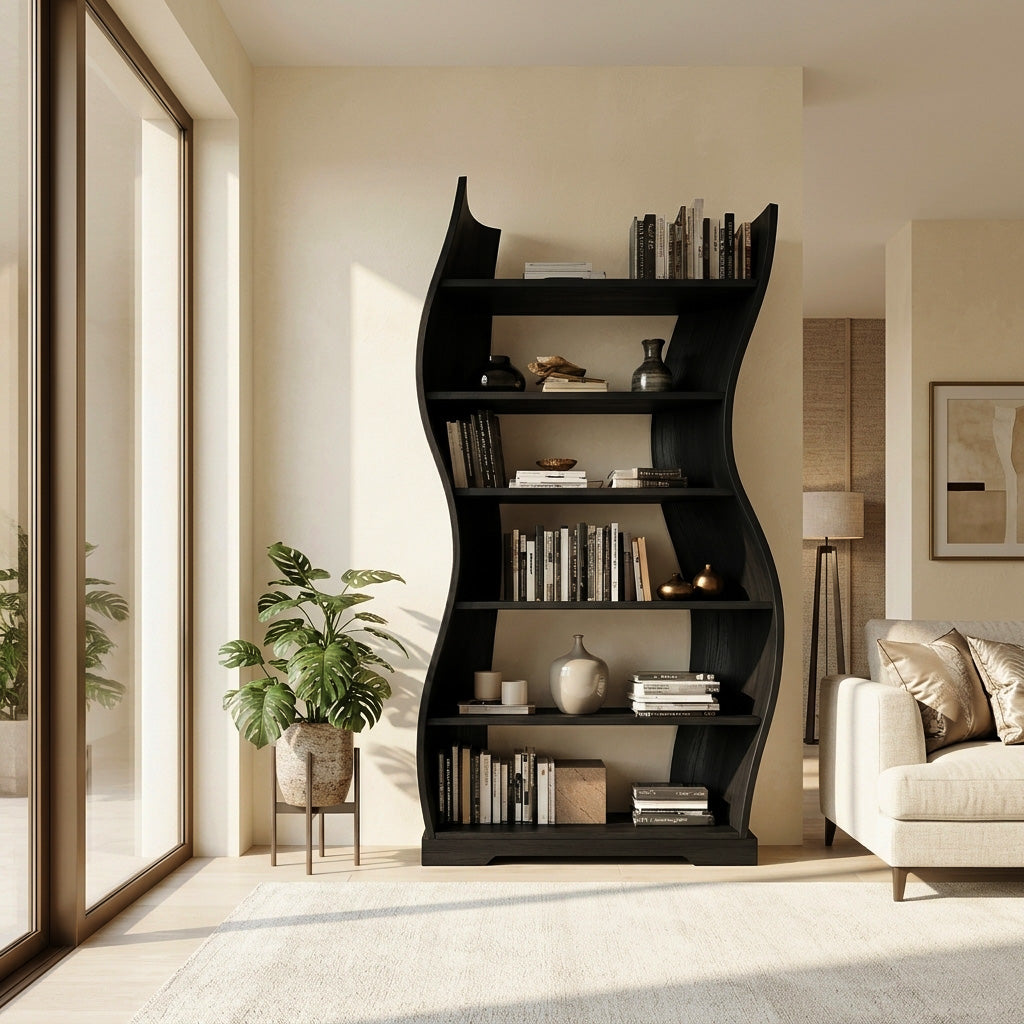 Contemporary Flowing Wooden Bookshelf For Living Room Kitchnce