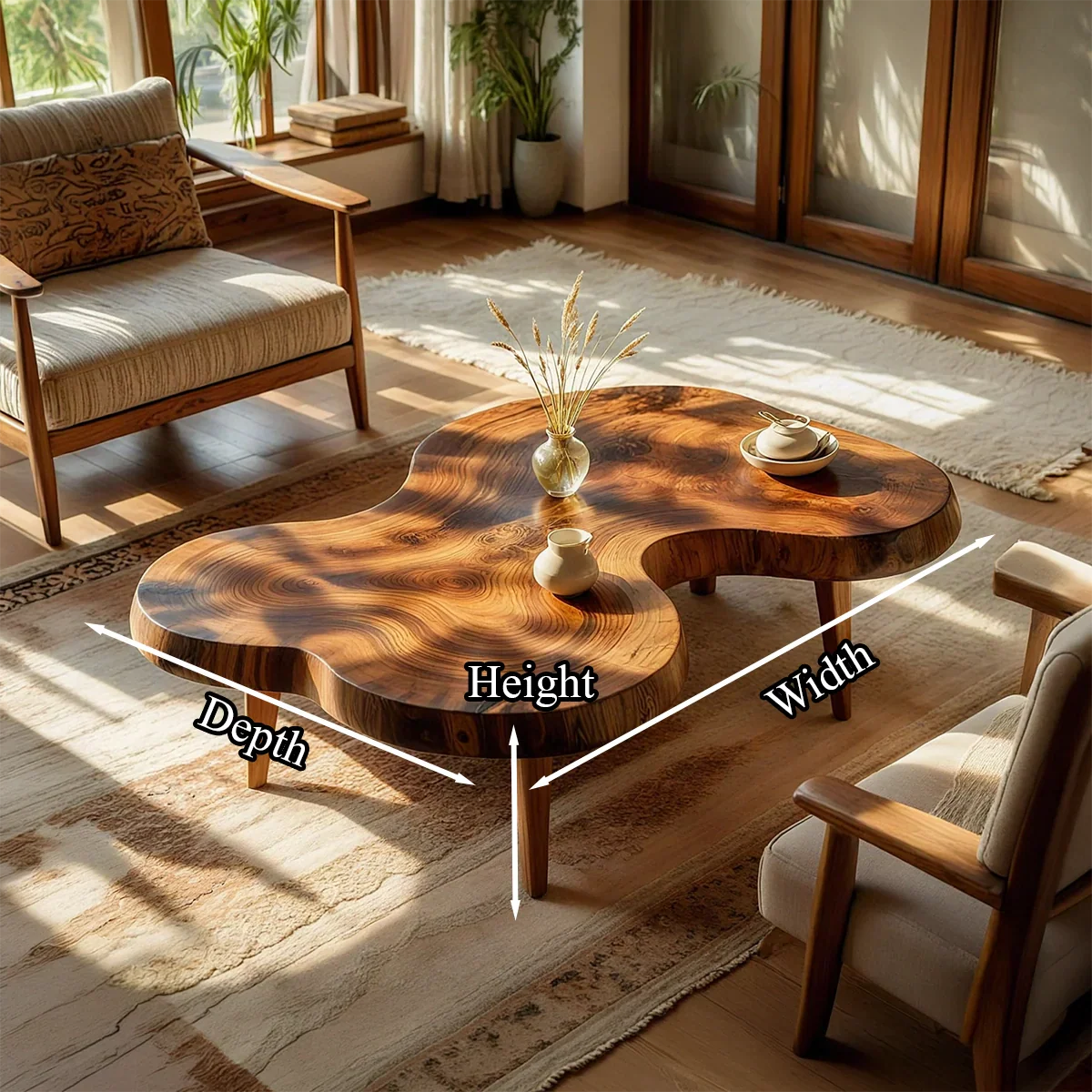 Organic Freeform Natural Wood Coffee Table with Rounded Edge Design
