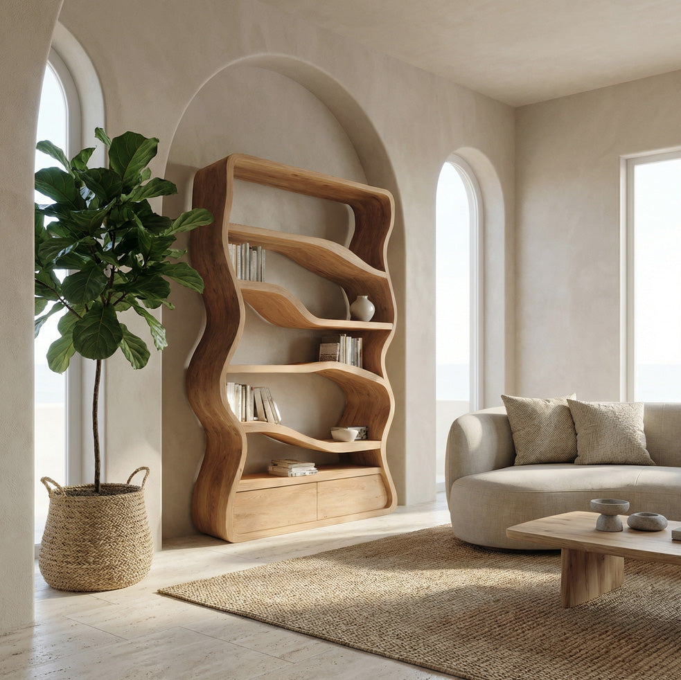 Modern Curved Wooden Bookshelf For Living Room Kitchnce