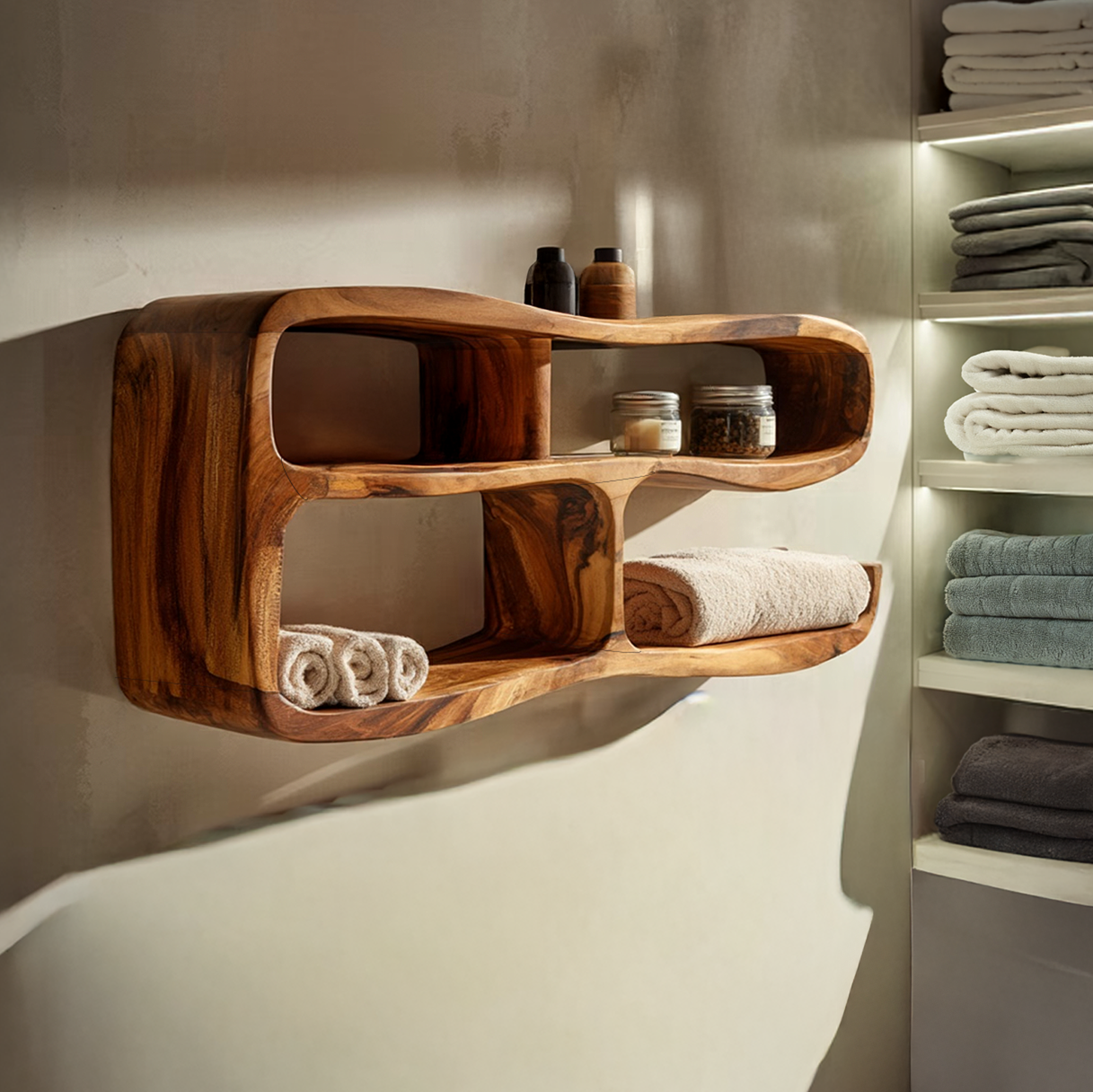 Curved Wall Mounted Shelf with Integrated Storage Compartments