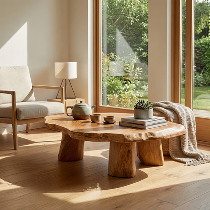 Round Live Edge Coffee Table with Solid Sculptural Legs