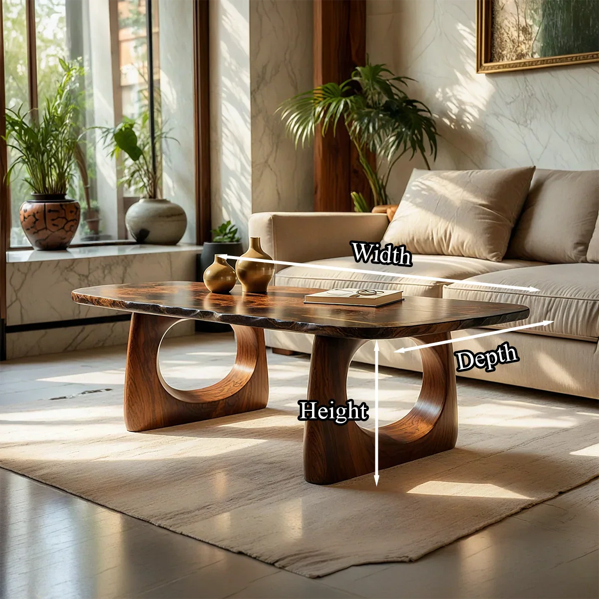 Live Edge Natural Wood Coffee Table with Dual Circular Sculpted Base