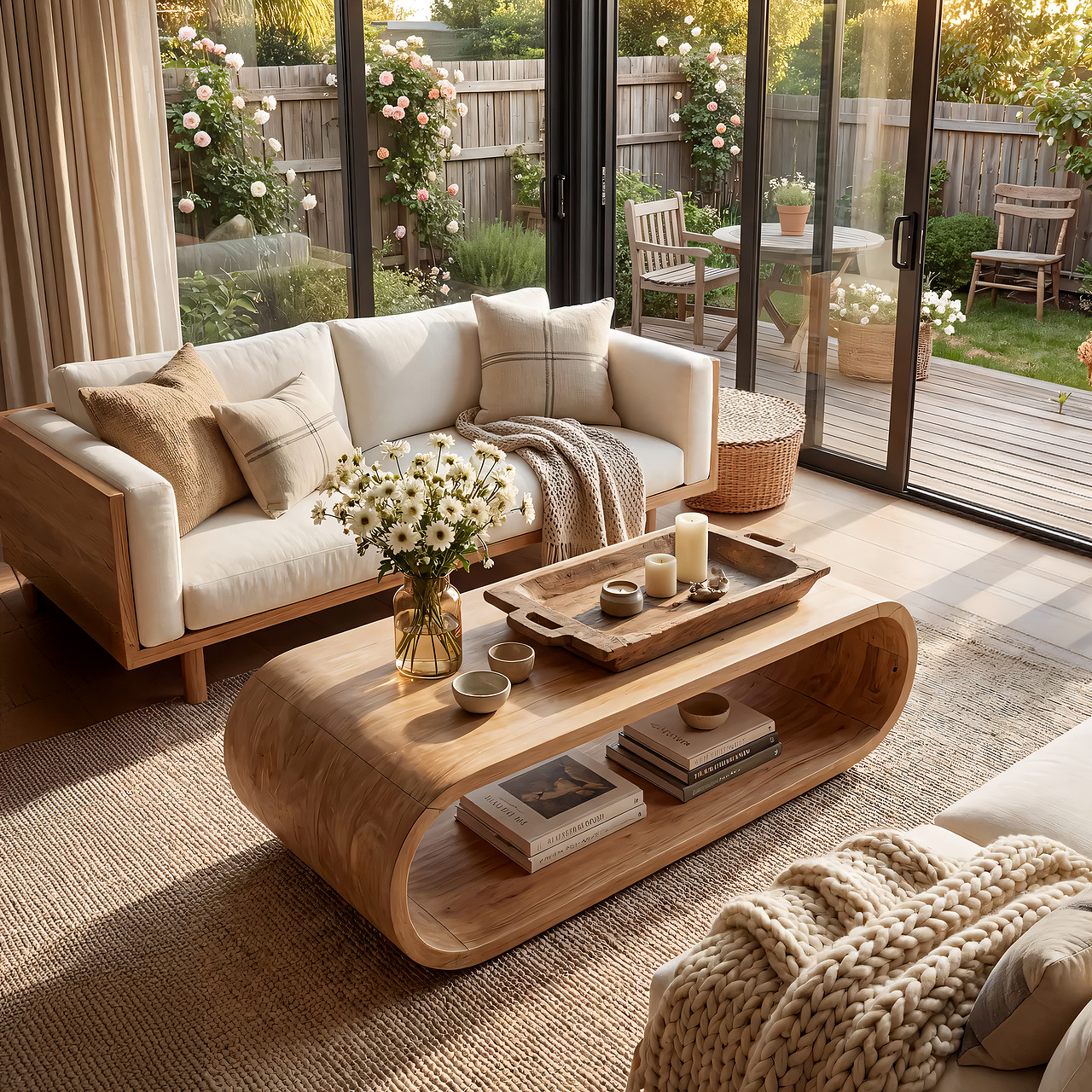 Curved Waterfall Coffee Table with Open Storage Shelf