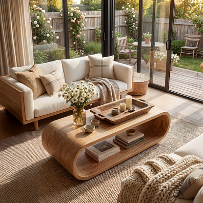 Curved Waterfall Coffee Table with Open Storage Shelf