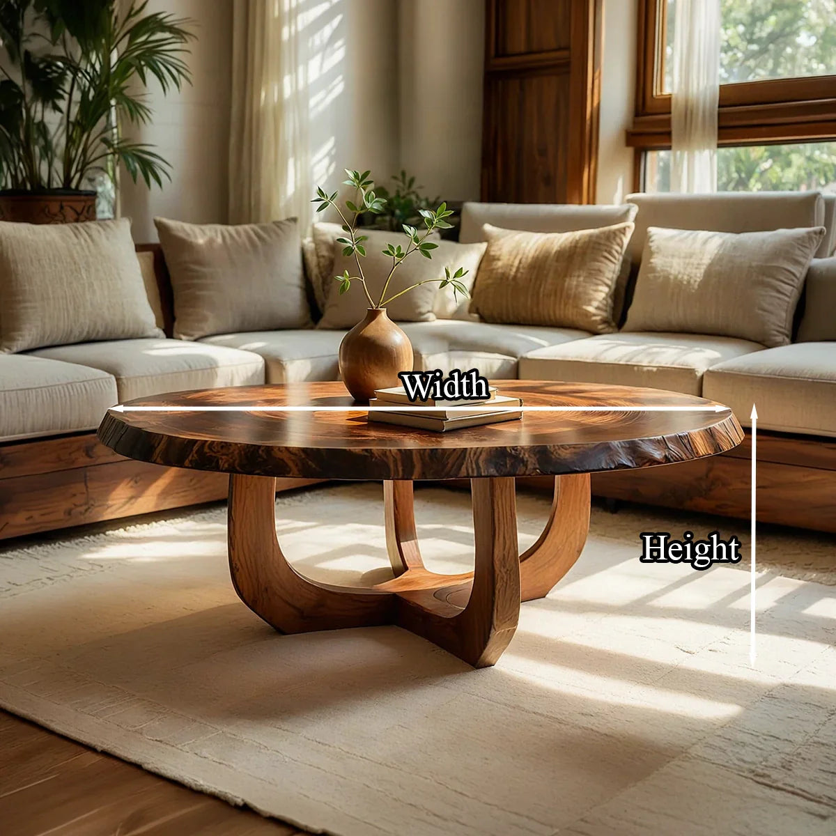 Round Natural Wood Coffee Table with Curved Open Sculptural Base