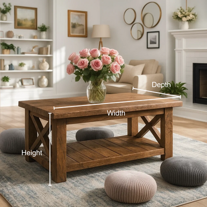 Handcrafted Solid Wood Farmhouse Coffee Table with X-Frame – Rustic Center Table with Bottom Shelf for Cozy Living Rooms Kitchnce