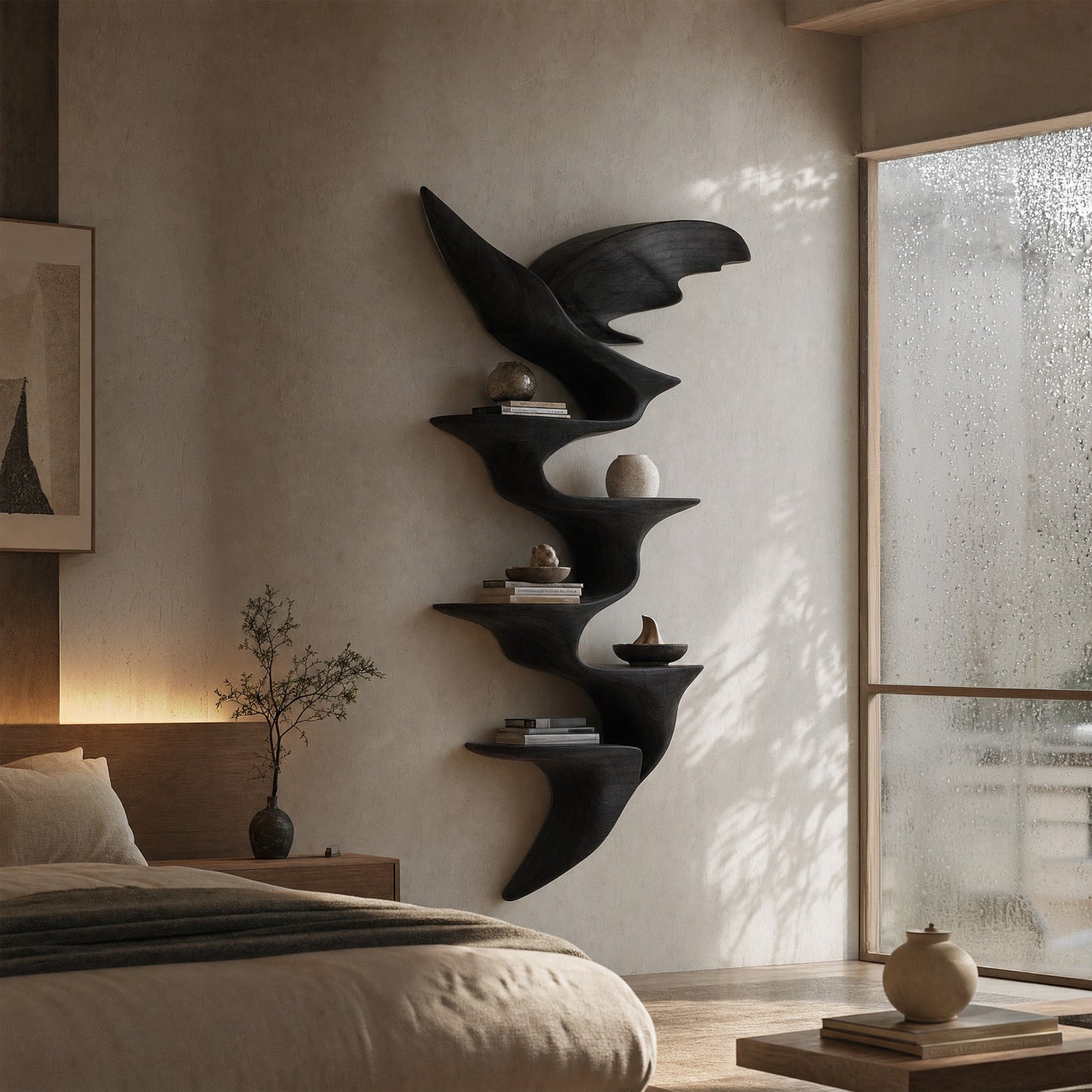 Wing Form Wood Wall Shelf With Sculptural Display