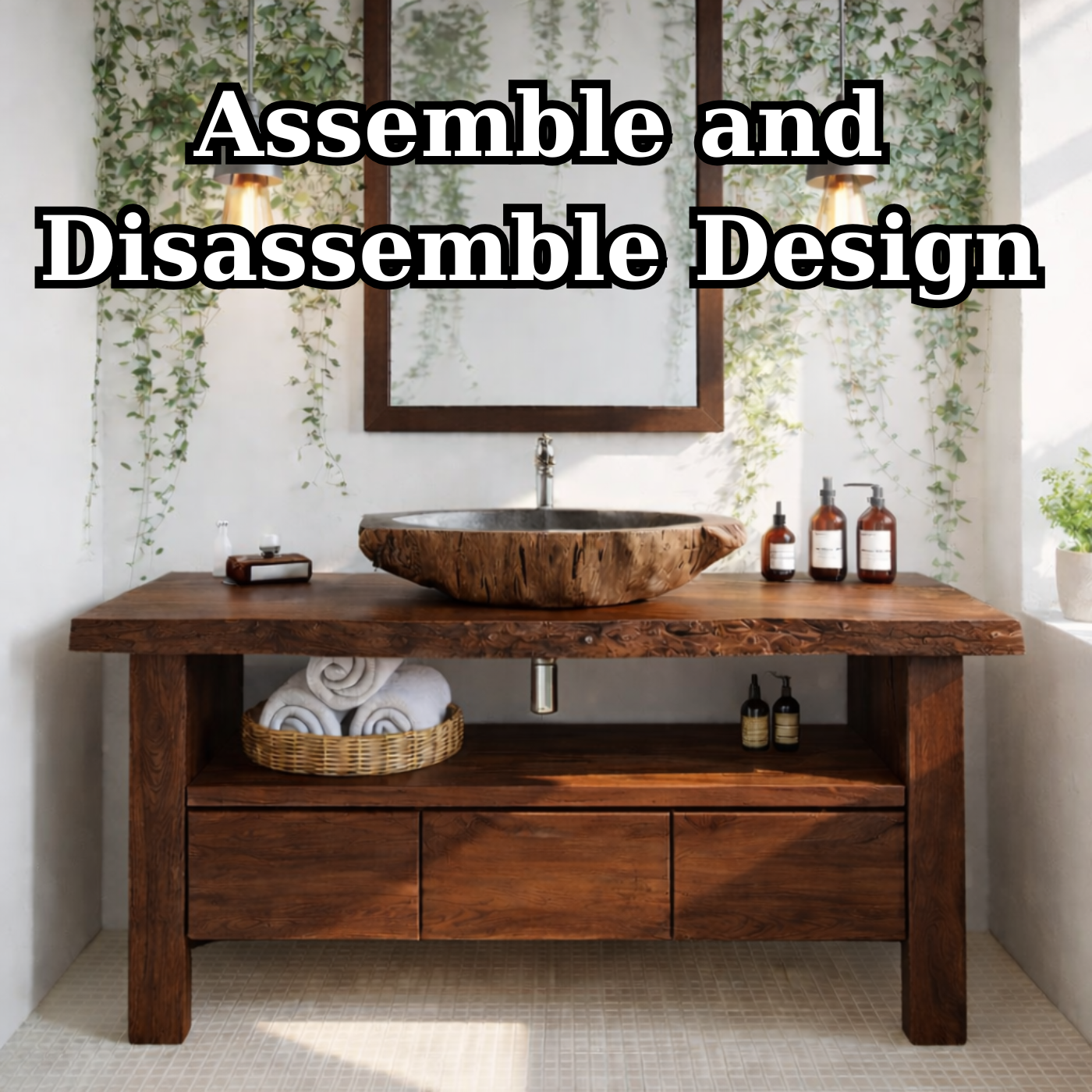 Live Edge Solid Wood Bathroom Vanity with Drawers and Open Shelf – Rustic Natural Wood Bathroom Vanity Kitchnce