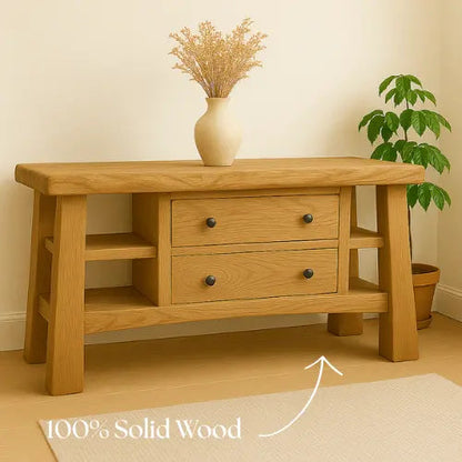 Handcrafted Solid Wood Console Table – Modern Rustic Oak with Drawers and Side Shelves Kitchnce