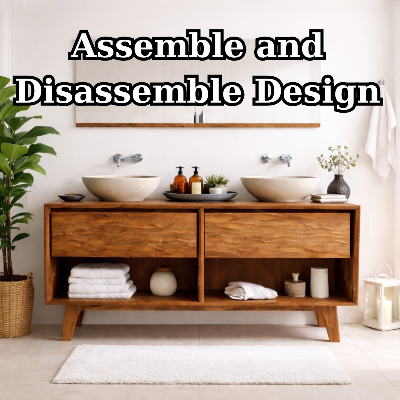 Mid-Century Solid Wood Double Bathroom Vanity with Sculpted Wave Drawer Fronts and Open Storage Kitchnce