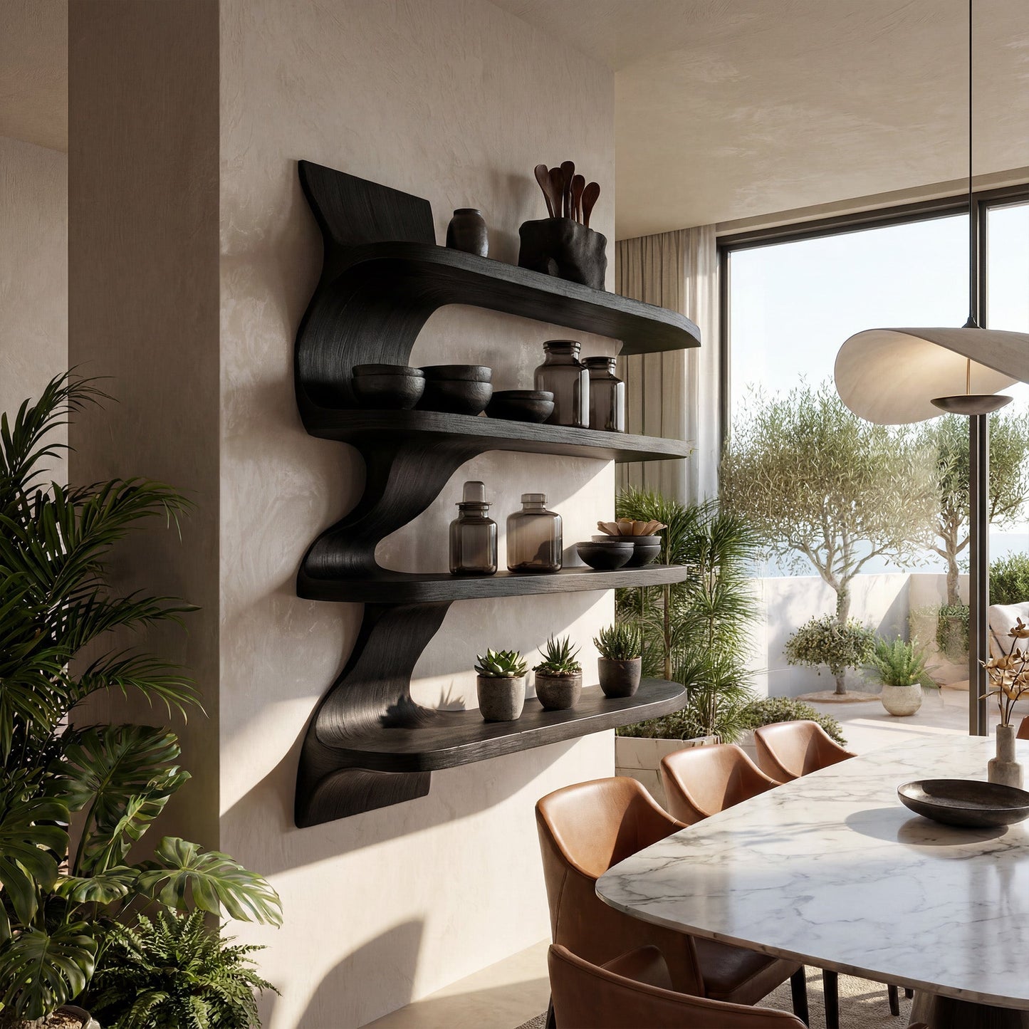 Organic Wood Dining Wall Shelf With Open Storage