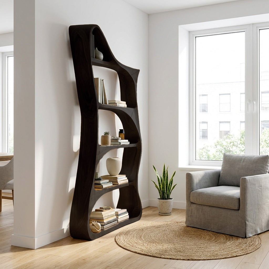 Modern Sculptural Natural Wood Bookshelf For Living Room Kitchnce