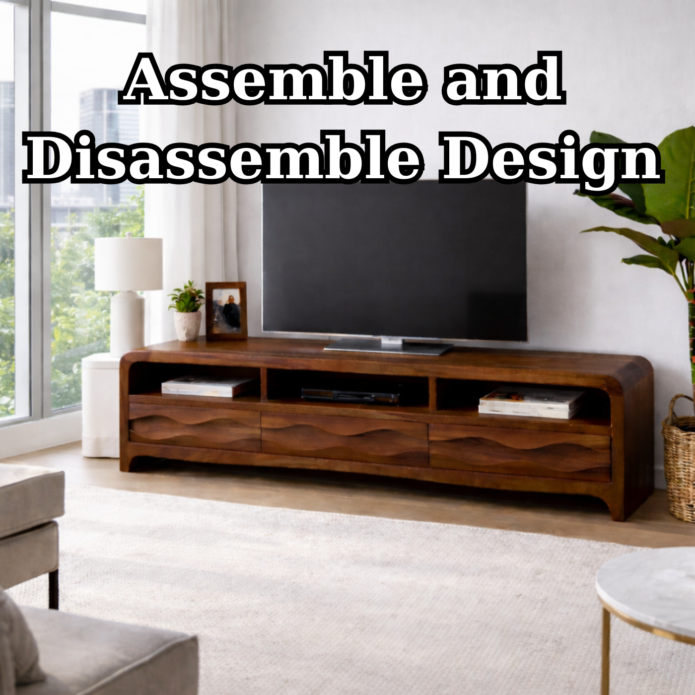 Solid Wood TV Stand with Wave-Front Drawers and Open Shelf for Stylish Living Spaces Kitchnce